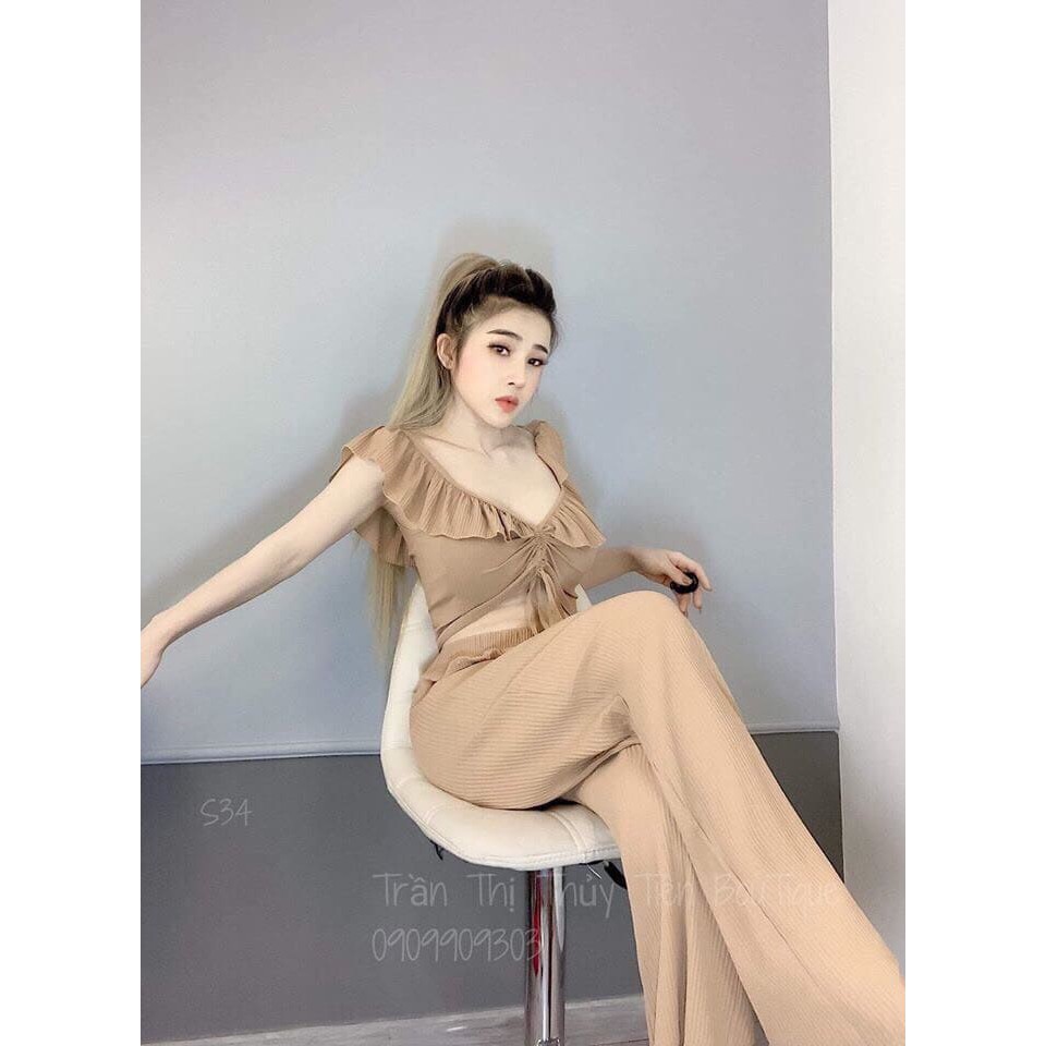 Set áo cánh tiên cổ tim rút dây ngực và quần ống rộng | BigBuy360 - bigbuy360.vn