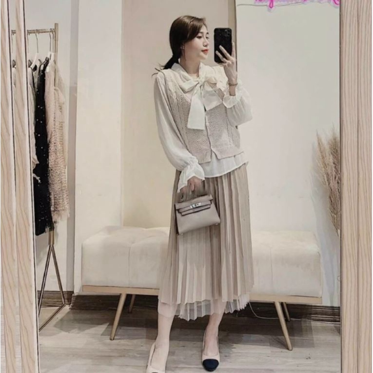 Chân váy xếp ly phối voan 2 lớp mặc được 2 kiểu Junnie Closet CV midi voan silk cát