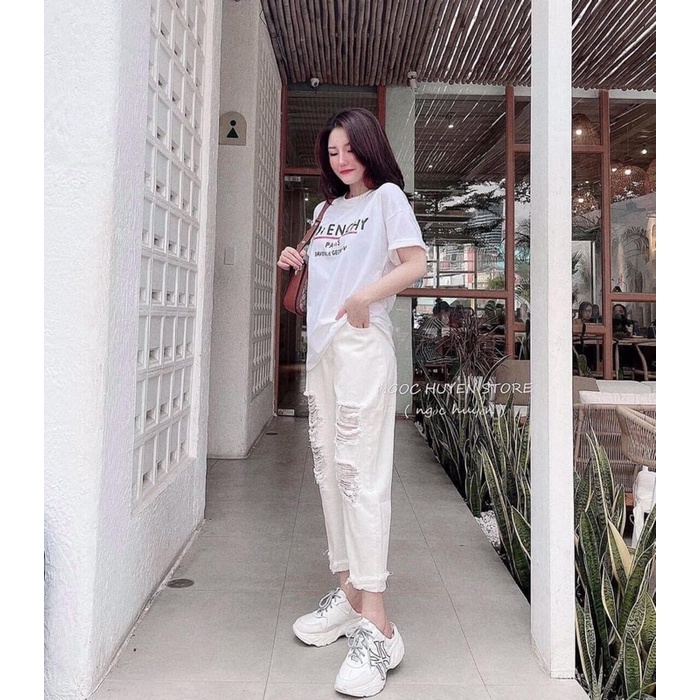 Quần jeans nữ baggy rách cạp cao may gấu