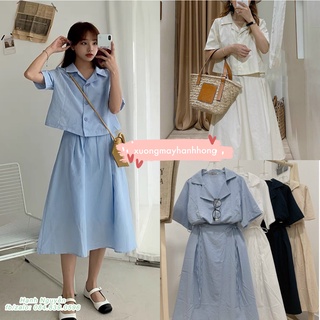 Set áo croptop kèm chân váy dáng dài thắt nơ eo Hàn Quốc chất đũi mát
