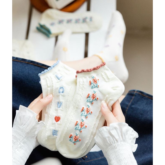 Set 5 Đôi Tất Vớ Nữ Ngắn Cổ Mix Hoa Cổ Bèo Như Ảnh