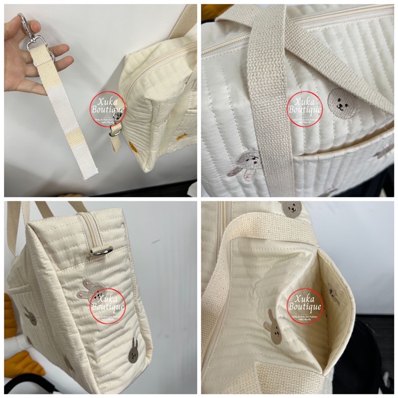 Túi Xách Bỉm Sữa Hàn Quốc Thêu Gấu Thỏ Cho Mẹ Và Bé (Sz Trung 32*25*12cm)