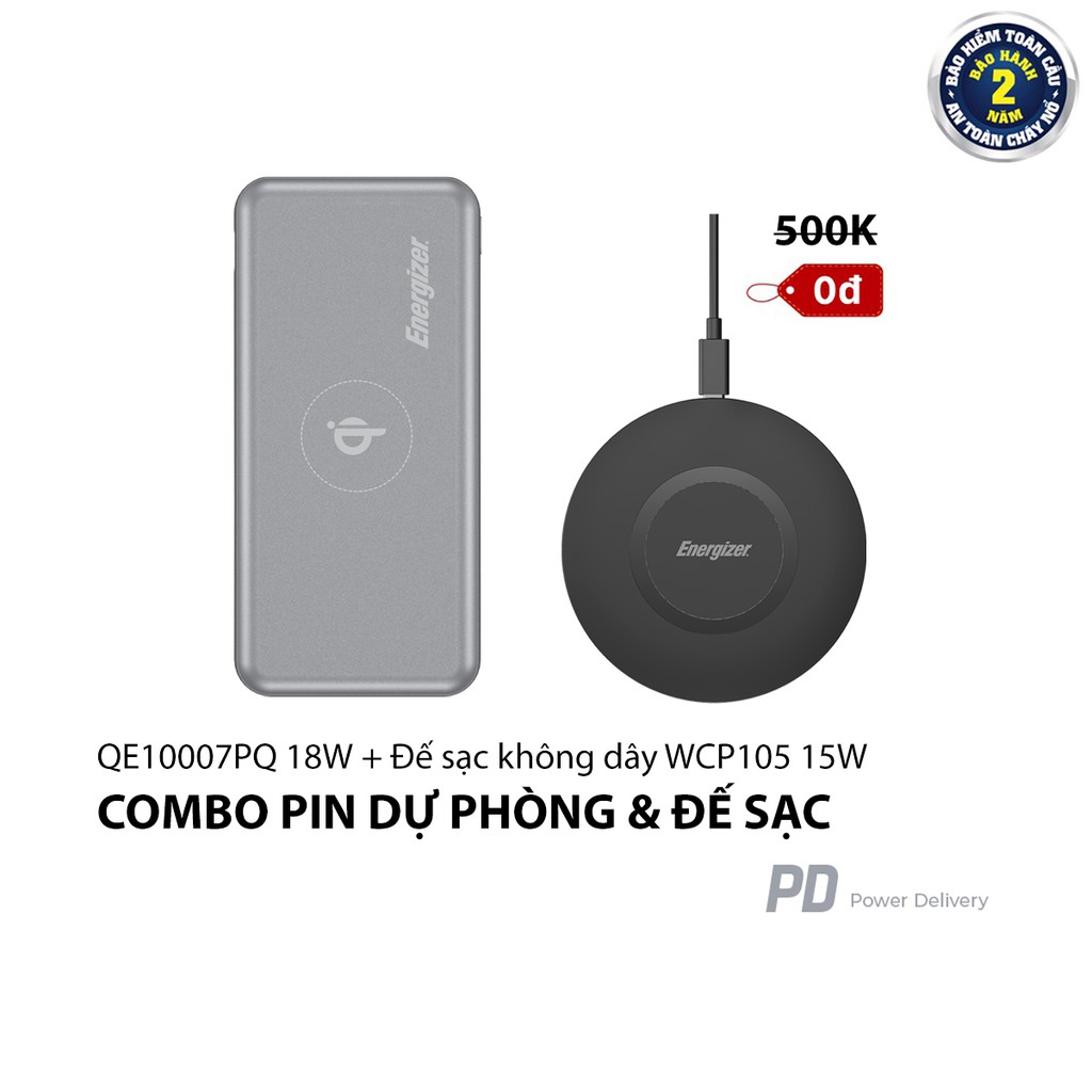 Combo sạc dự phòng không dây Energizer 10,000mAh QE10007PQ + đế sạc không dây15W kèm cáp type-C WCP105 - Hàng chính hãng