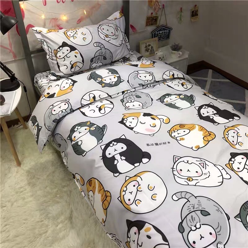 Set Chăn Ga Mèo Ú Xám Cotton Poly Mềm Mát Hàng Xuất Nhật (Shinbedding.shop)