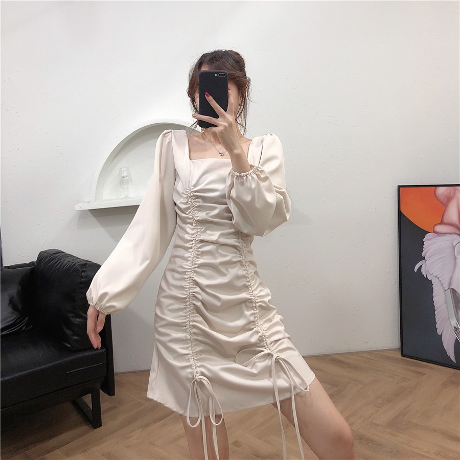 /Sẵn đen M/ Váy đầm đi chơi, dạ hội size M->4XL kiểu rút dây dài tay màu đen, trắng - ảnh thật ở cuối - psyche