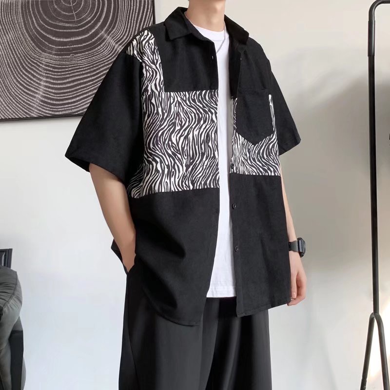 Áo Sơ Mi Tay Ngắn Dáng Rộng In Da Báo Kiểu Hàn Quốc Thời Trang Cho Nam