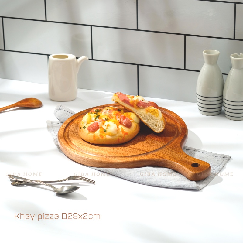 Khay gỗ tròn có tay cầm đựng pizza GIBA, thớt dùng làm khay gỗ decor chụp ảnh sản phẩm