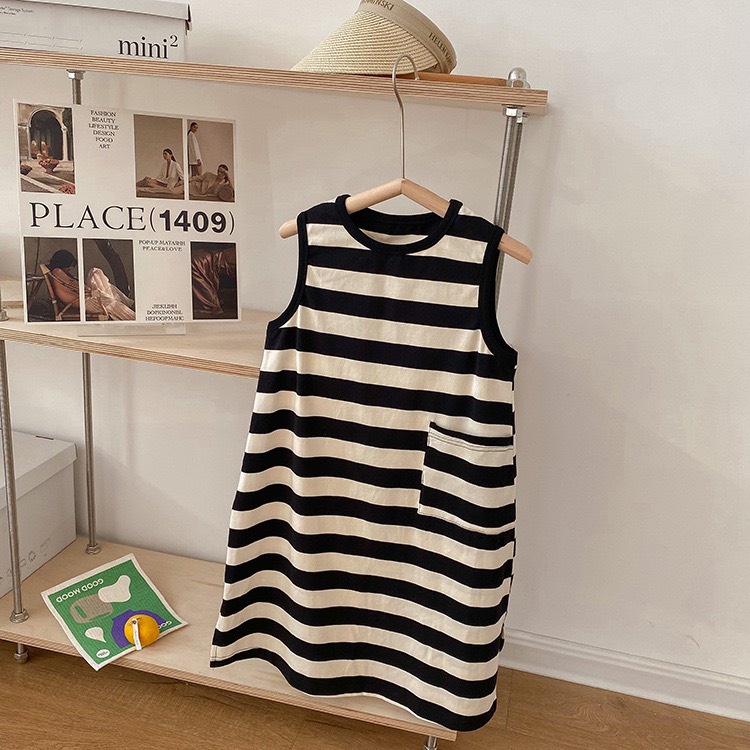 Đầm suông ba lỗ cọc tay phong cách Hàn Quốc cho bé D833