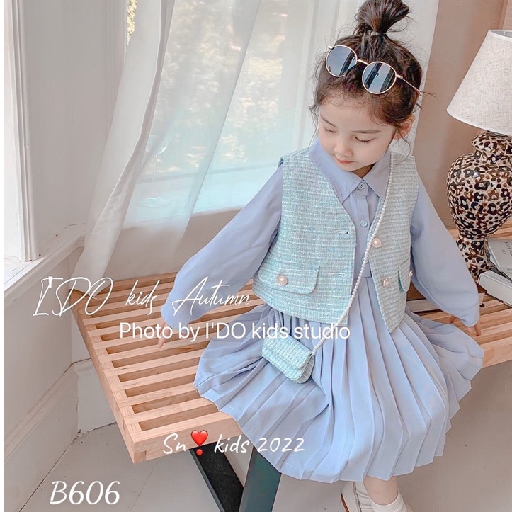 SÉT VÁY dài tay xếp ly + ÁO KHOÁC DẠ 2 lớp cho bé gái 12-30kg