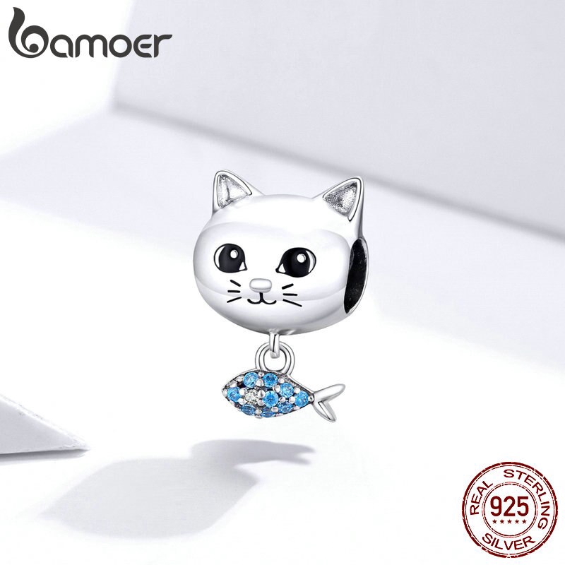 Hạt charm Bamoer bsc226 chất liệu bạc sterling 925 hình cá và mèo xinh xắn dùng làm vòng tay