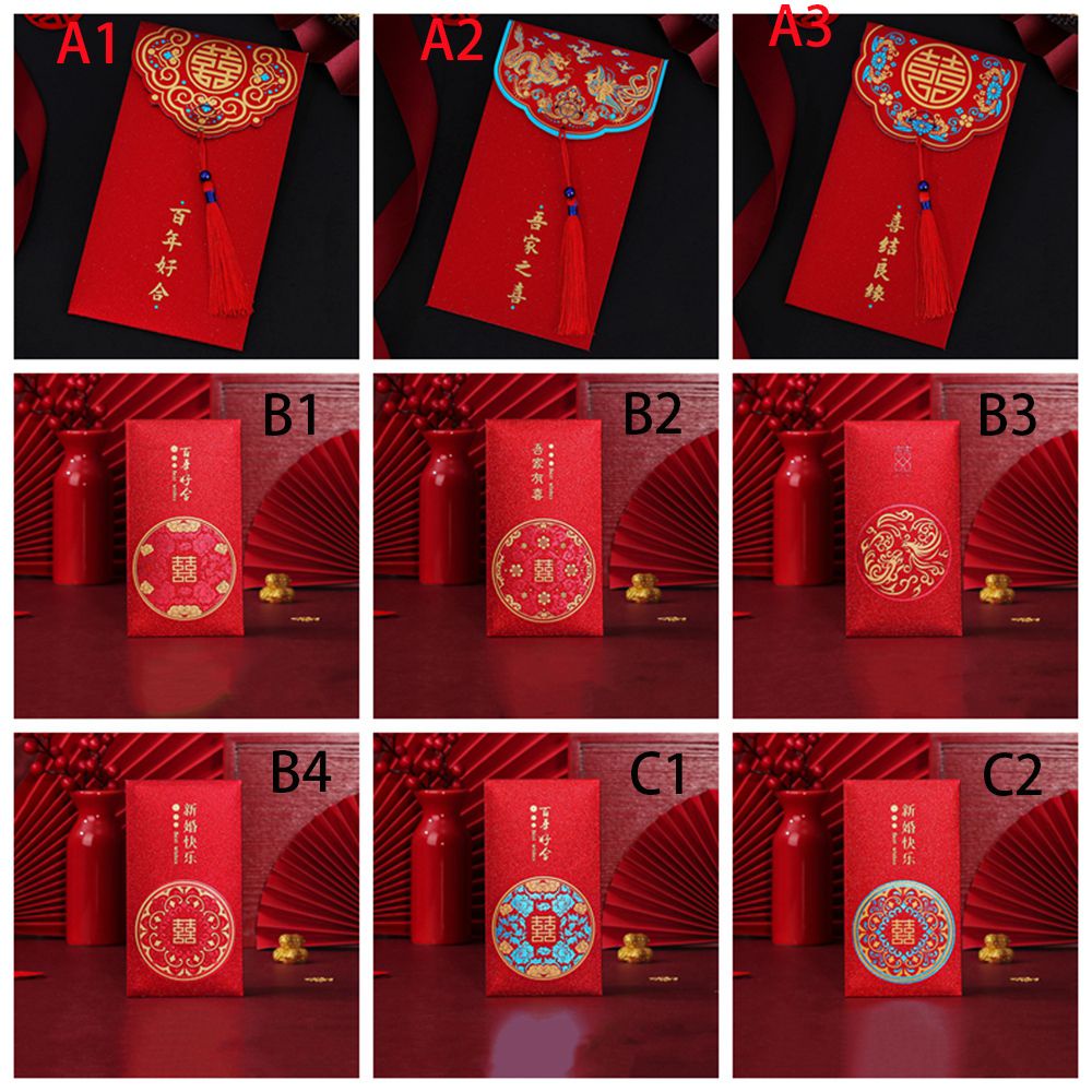 Set 10 bao lì xì năm mới 2022 màu đỏ phối tua rua