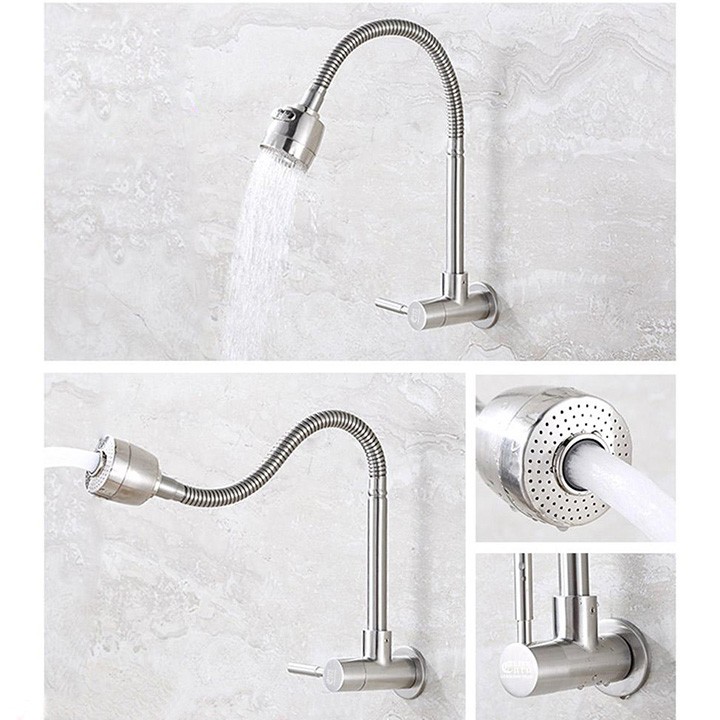 Vòi rửa chén xả lạnh gắn tường inox 304  cần mềm- Đầu vòi 2 chế độ tăng áp -1 đường nước mã QH-DL006