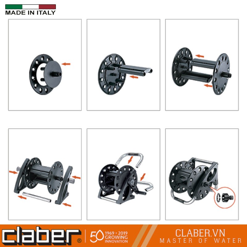 Rulo Cuộn Ống Nước, Bộ Khung Lô Cuốn Dây Claber Aquapony 8887 , cuốn 20m ống 12-17mm, tặng 1 đầu nối 27mm