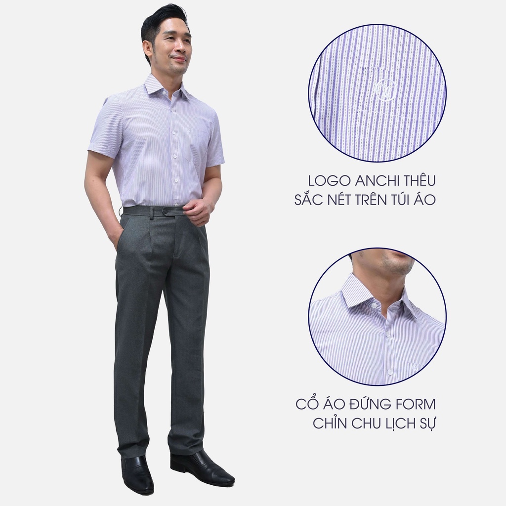 Áo Sơ Mi Nam Ngắn Tay Trung Niên ANCHI Cotton Ấn Độ Cao Cấp Hoạ Tiết Sọc Tím