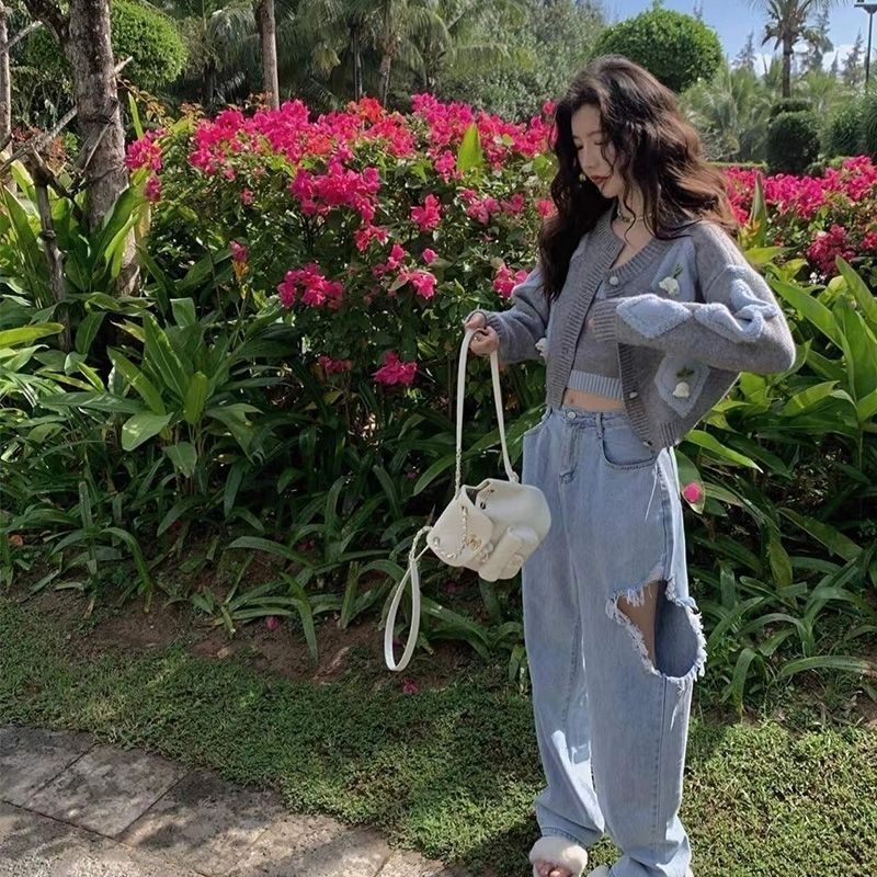 Áo Khoác Cardigan Dệt Kim Thủ Công Dáng Ngắn Họa Tiết Hoa Lily Nhỏ Cho Nữ