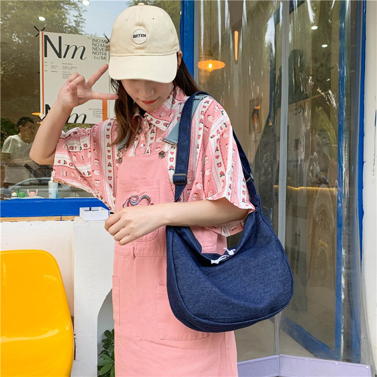 Túi tote đeo chéo nam nữ unisex đi học vải canvas basic màu xanh demin , T017