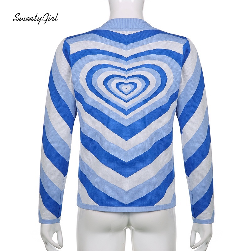 Áo Sweater Dệt Kim Tay Dài Cổ Tròn Màu Sắc Tương Phản In Họa Tiết Trái Tim Xinh Xắn Cho Nữ