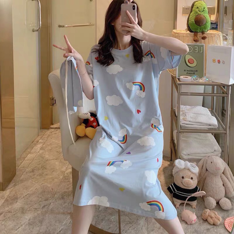 Váy ngủ, váy mặc nhà chất thun sữa mềm mát đủ size cho chị e từ 38 - 58kg - Hàng Quảng Châu_V07