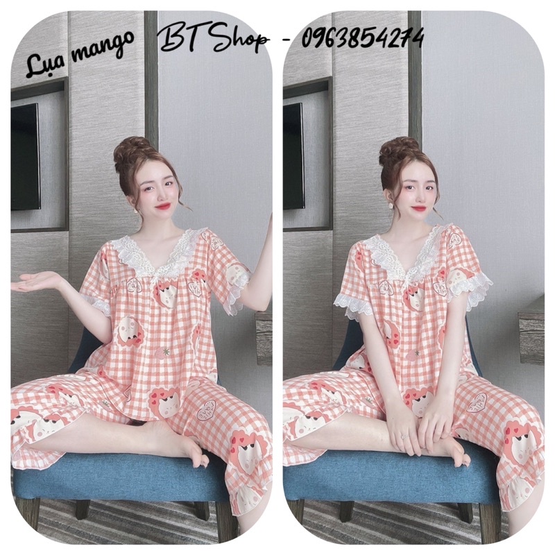 Đồ ngủ mặc nhà lụa mango tiểu thư quần lỡ hoạ tiết freesize 43-60kg