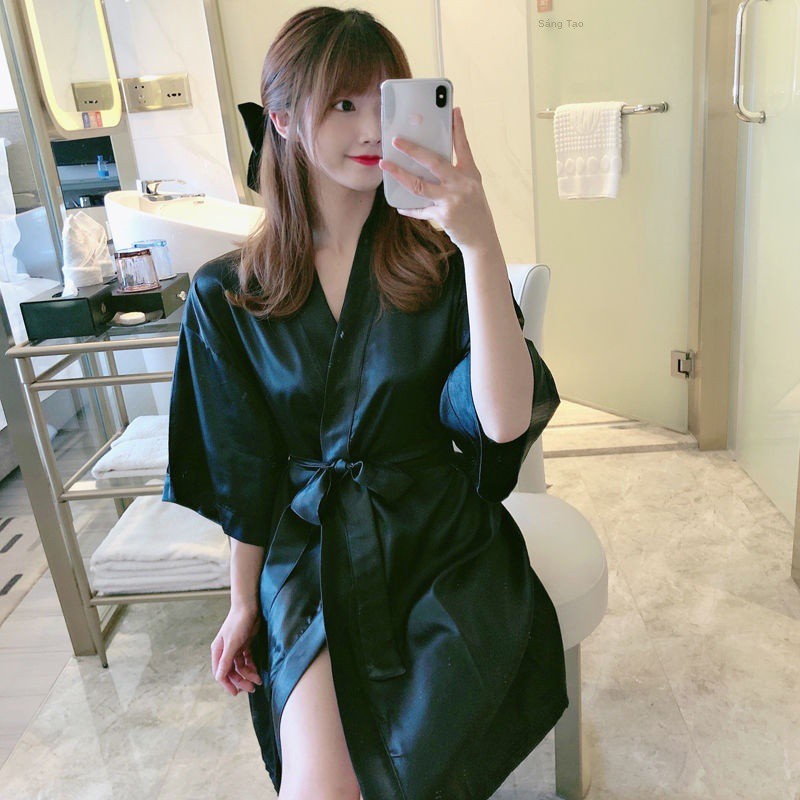 mùa hè 2021 áo ngủ kiểu mới của phụ nữ kimono Nhật Bản đồ sexy băng lụa nửa tay choàng tắm ren mặc nhà