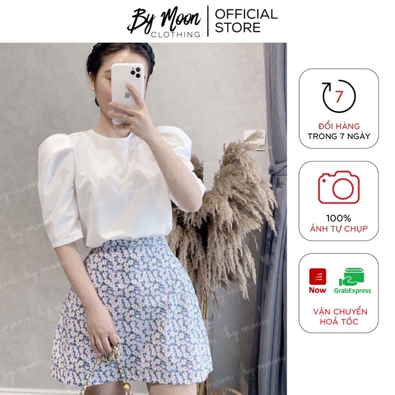 Set bộ áo sơmi tay bồng chân váy chữ A hồng BY MOON SN001