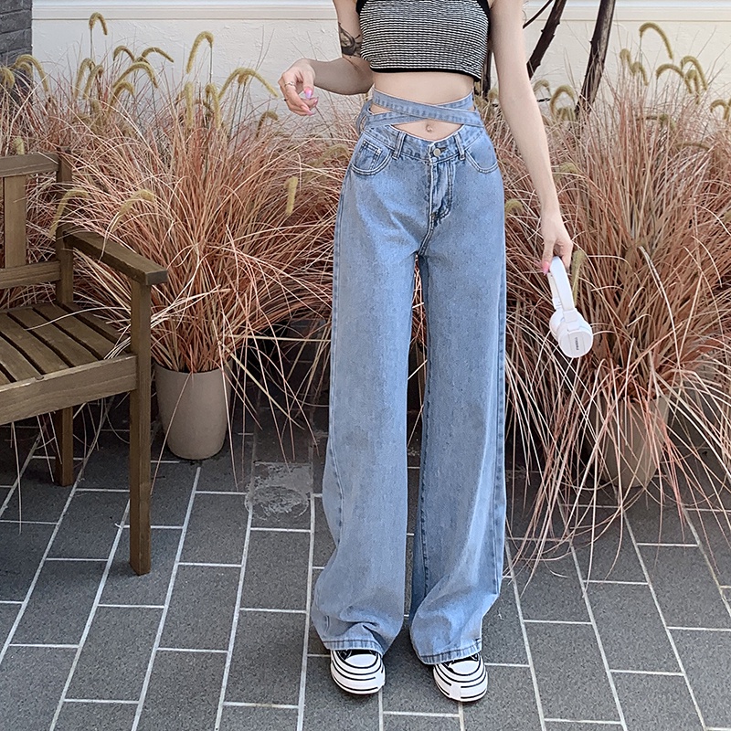 【ZHELIHANGFEI】Quần Jean Ống Rộng Lưng Cao Cá Tính Trẻ Trung