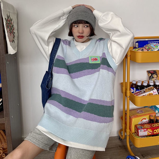 Áo Khoác Nữ Không Tay Cổ Chữ V Dáng Rộng Màu Sắc Thời Trang