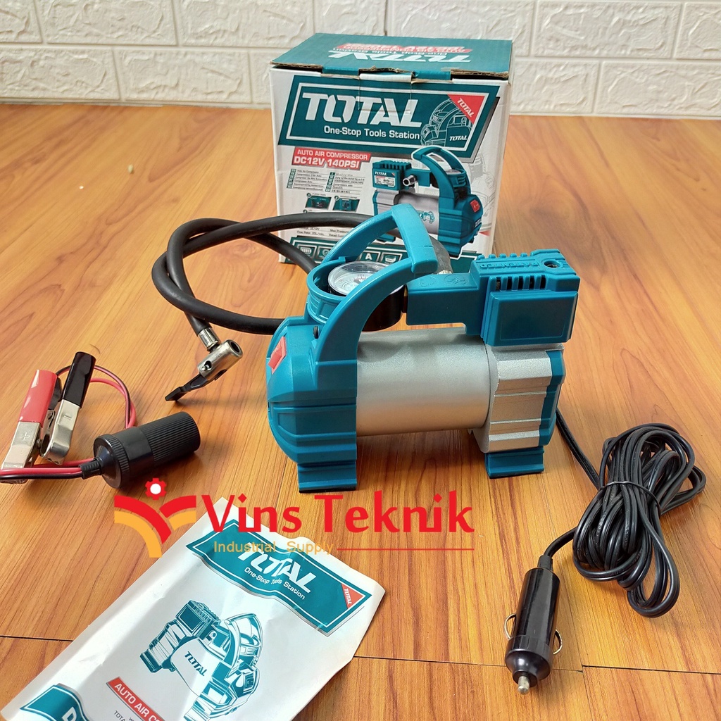 Dụng Cụ Bơm Hơi và Kiểm Tra Hơi Lốp Xe ôtô  12V Total TTAC1406 Kèm 1 đèn Led, dây nguồn 3M,1 pin kẹp và 4 vòi phun
