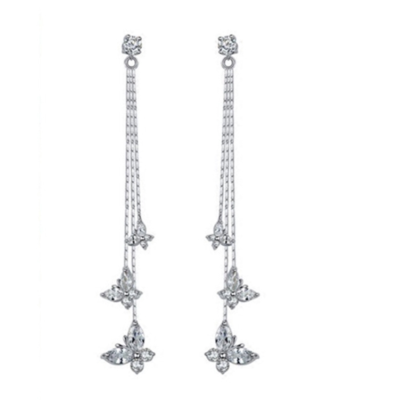 Butterfly Long Tassel Flower Earrings Rhinestone Earrings