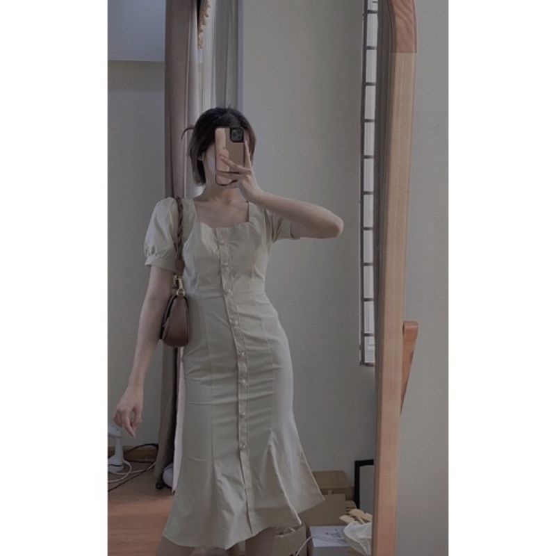 Váy dự tiệc nude cổ vuông đuôi cá cúc ngọc vai cách điệu sang chảnh kèm ảnh thật MS041