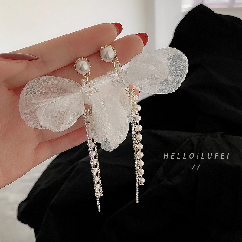 Bông Tai Phối Nơ Lưới Đính Ngọc Trai Thời Trang Hàn Quốc 2023 Cho Nữ