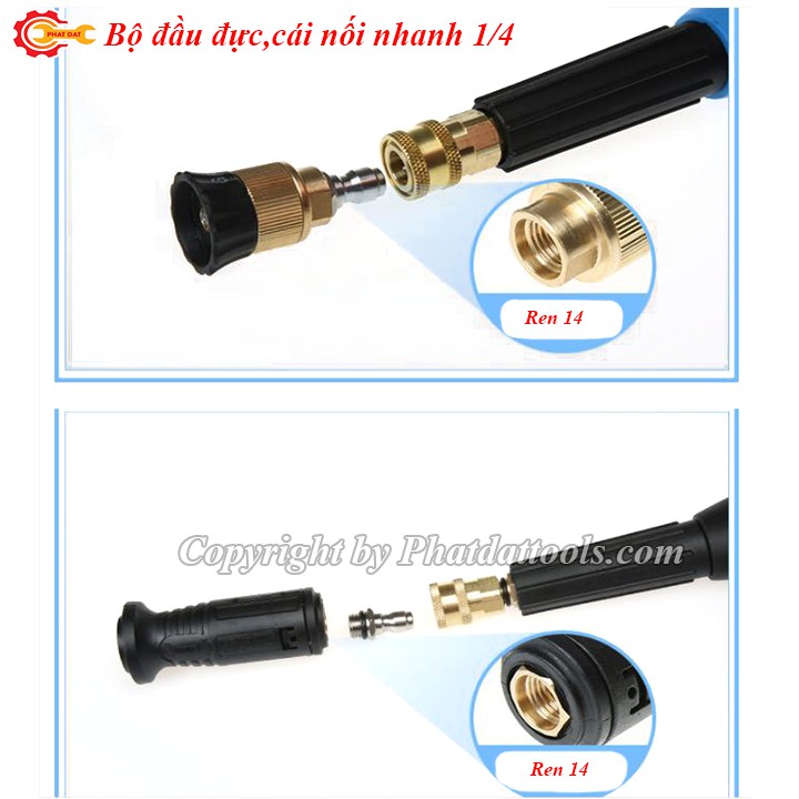 Đầu đực,cái nối nhanh 1 phần 4,ren 14mm-Phụ kiện máy xịt rửa xe-Kết nối nhanh súng rửa xe với bình bọt tuyết,đầu béc rửa