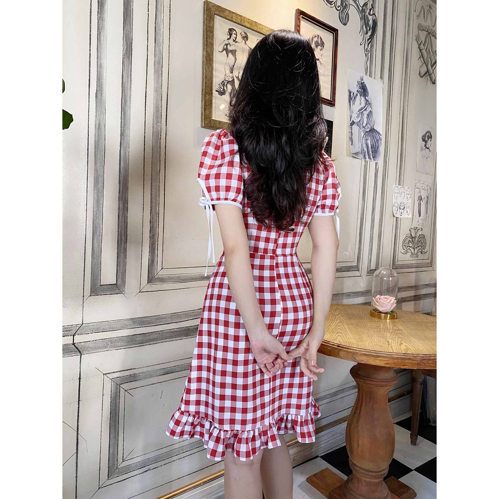 Đầm caro đỏ công sở thiết kế xòe bánh bèo dễ thương tay ngắn xinh thời trang trẻ trung đi làm đi chơi eo tôn dáng