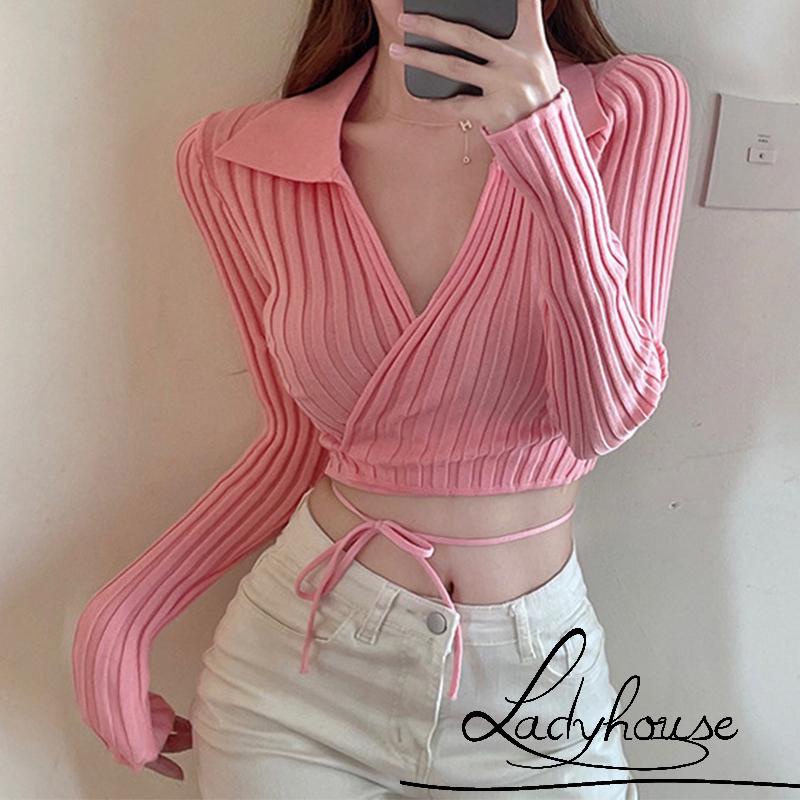 Áo Croptop Dệt Kim Tay Dài Cổ Chữ V Màu Trơn / Trắng / Mơ / Hồng Thời Trang Mùa Xuân
