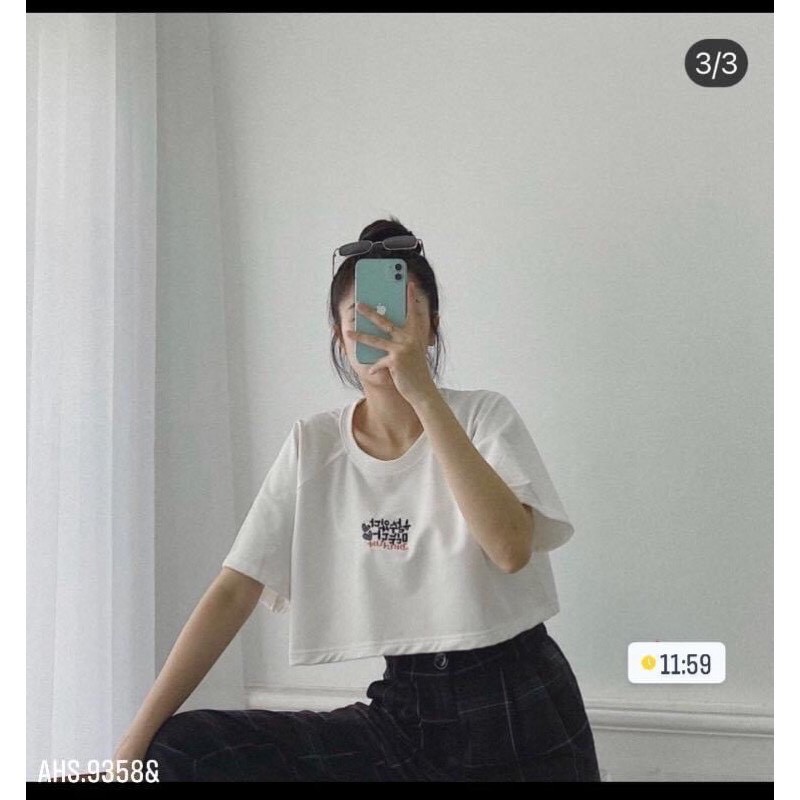 Áo Croptop Nữ Chữ Hàn Tay Lỡ 🦋FREESHIP🦋 Áo Ngắn Nữ Chữ Thêu 2 Màu