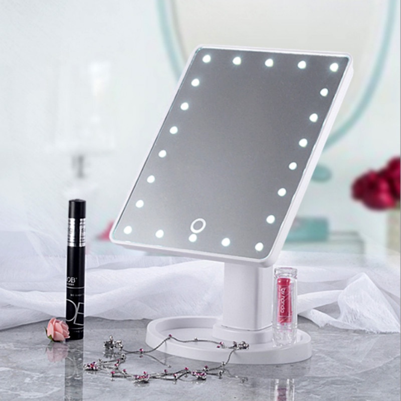 Gương trang điểm để bàn 22 bóng đèn LED, gương led để bàn hình chữ nhật cảm ứng xoay 360 độ
