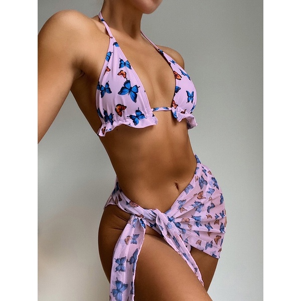 [BKN1078] &lt;ÂU&gt; SET BIKINI 3 MÓN HOẠ TIẾT HỒ ĐIỆP KÈM KHĂN HÔNG 4 MÀU BE/TRẮNG/TÍM/HỒNG