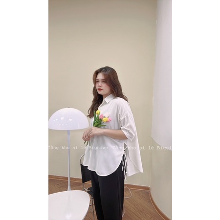 BIGSIZE-Áo sơ mi ngắn tay buộc nơ hông form rộng xinh xắn