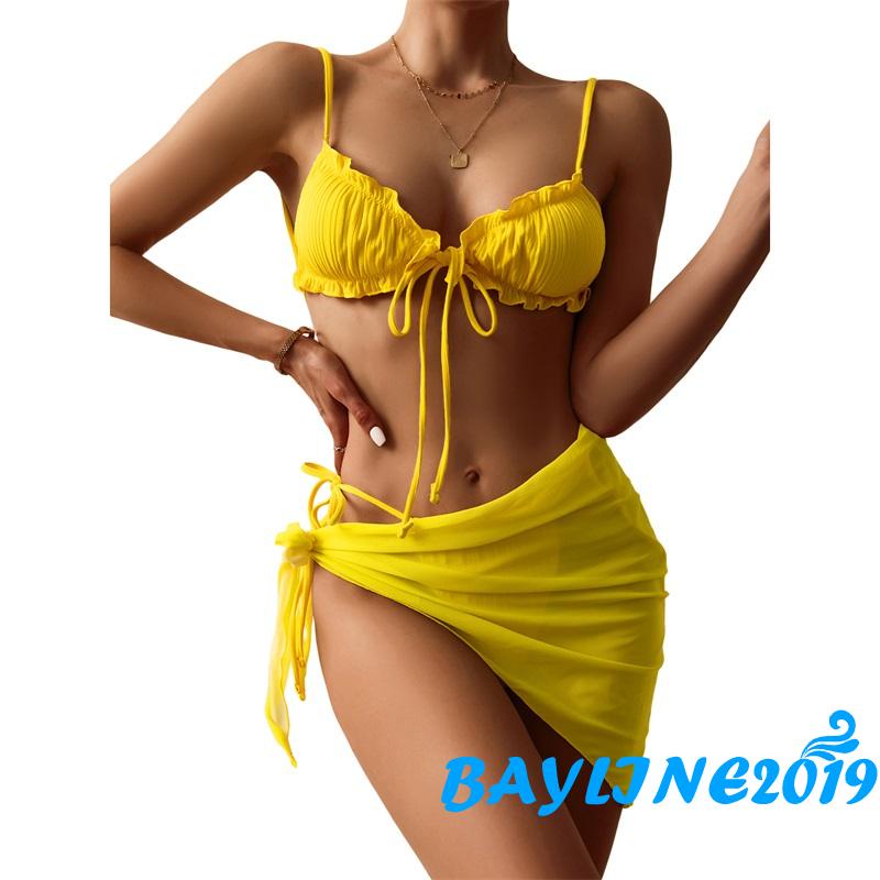 Set Bikini Màu Trơn Nhún Bèo + Quần Lót Ren + Áo Lưới Xuyên Thấu Quyến Rũ Cho Nữ