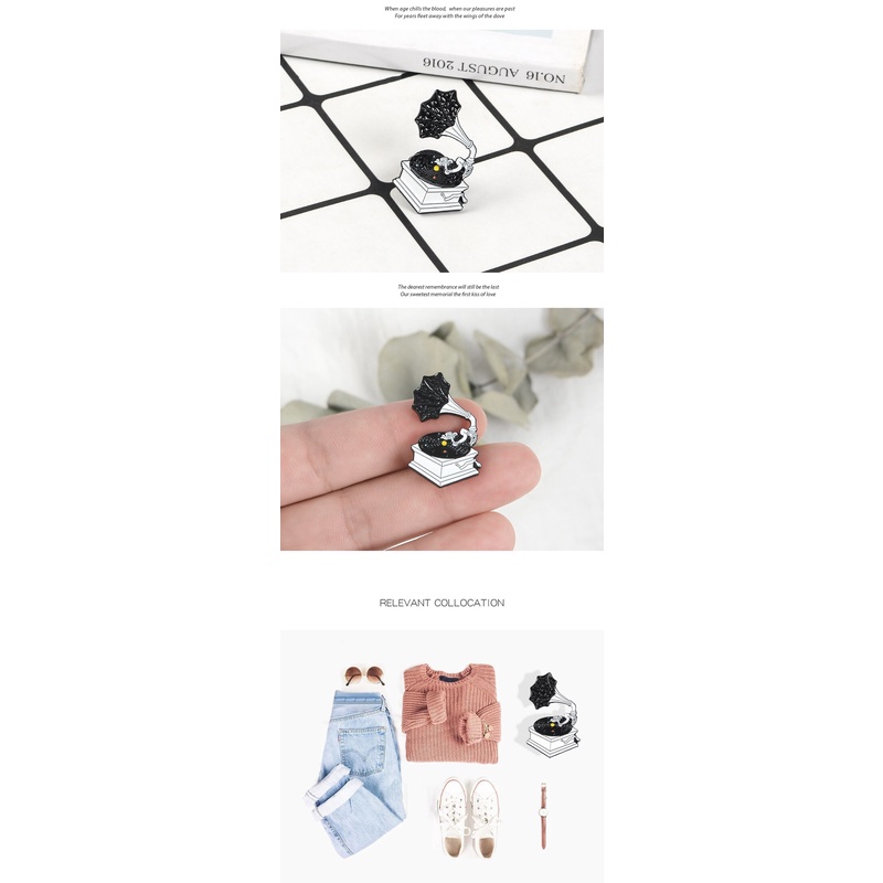 Ghim cài áo QIHE JEWELRY hình máy hát đĩa than màu đen họa tiết vũ trụ đầy sao độc đáo tráng men thời trang