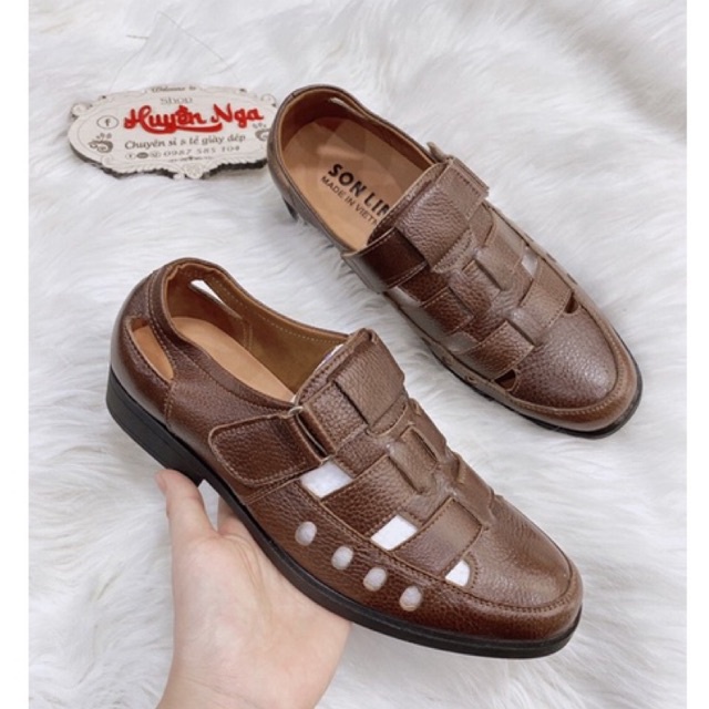 Giày da nam thoáng lỗ mùa hè,giày hè nam màu nâu quai dán