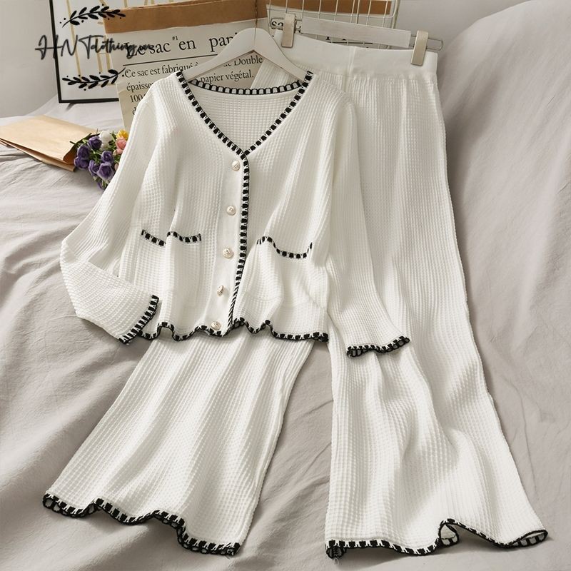 Đồ bộ Set đồ nữ len thu đông áo croptop quần ống rộng dài lửng 2 món
