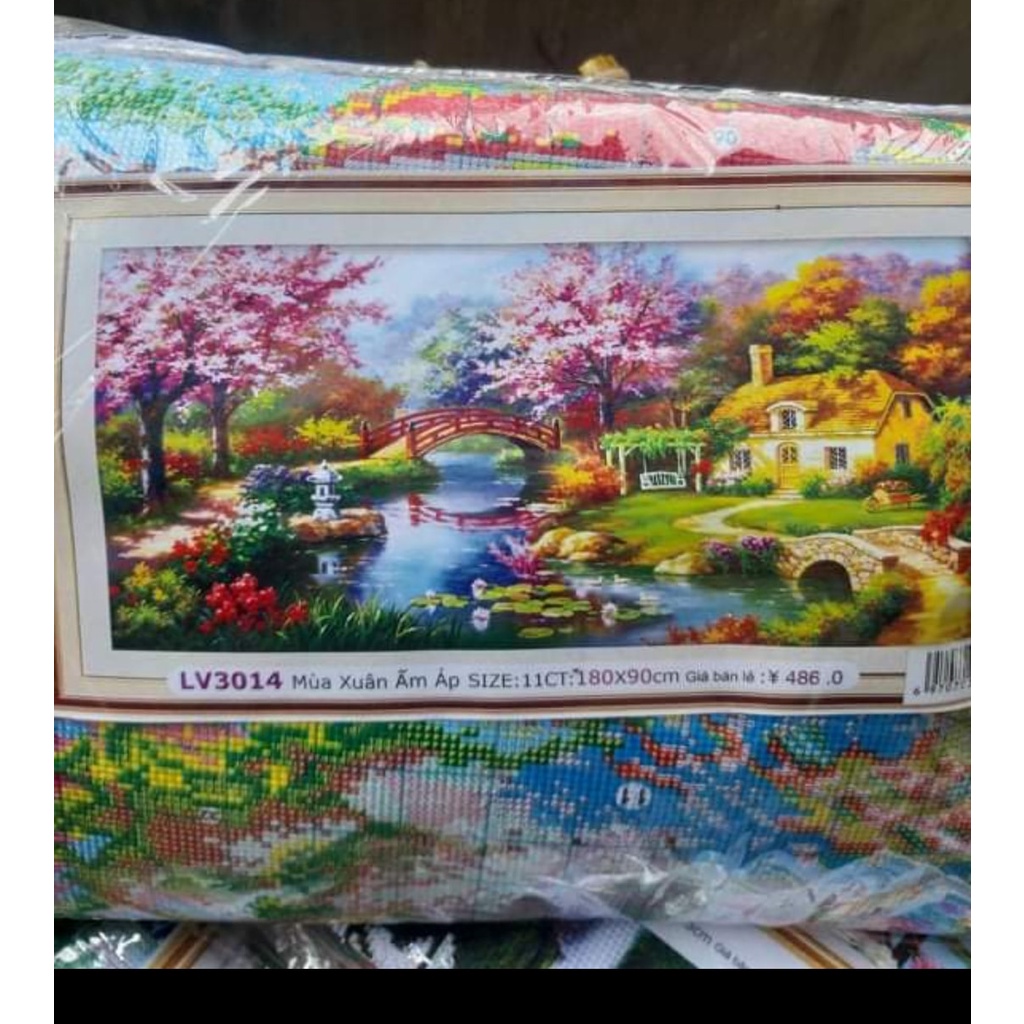 Tranh thêu chữ thập ngôi nhà tổ ấm thêu kín toàn tranh KT:180x90cm, Tranh chưa thêu và chưa khung. Tặng kéo và sỏ chỉ.