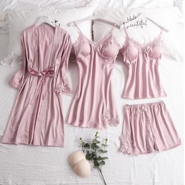 Sét ngủ 4 món cao cấp (choàng, váy, bộ ngủ đùi) kèm mút ngực