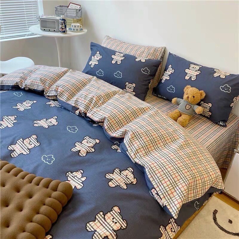 Bộ chăn ga Cotton poly chăn ga nhập khẩu họa tiết kẻ đủ size miễn phí bo chun - Gấu Decor