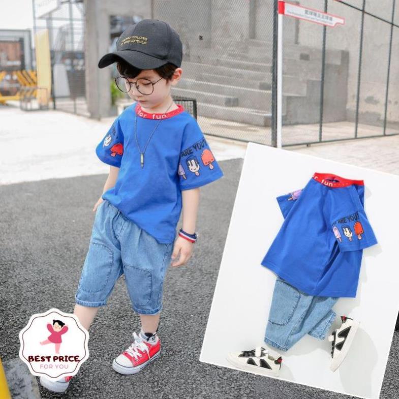 Set áo phông quần bò mùa hè bé trai mập 7 8 9 10 11 tuổi ✨ đồ bộ size đại cho bé trai lớn 30kg 35kg 40kg 45kg