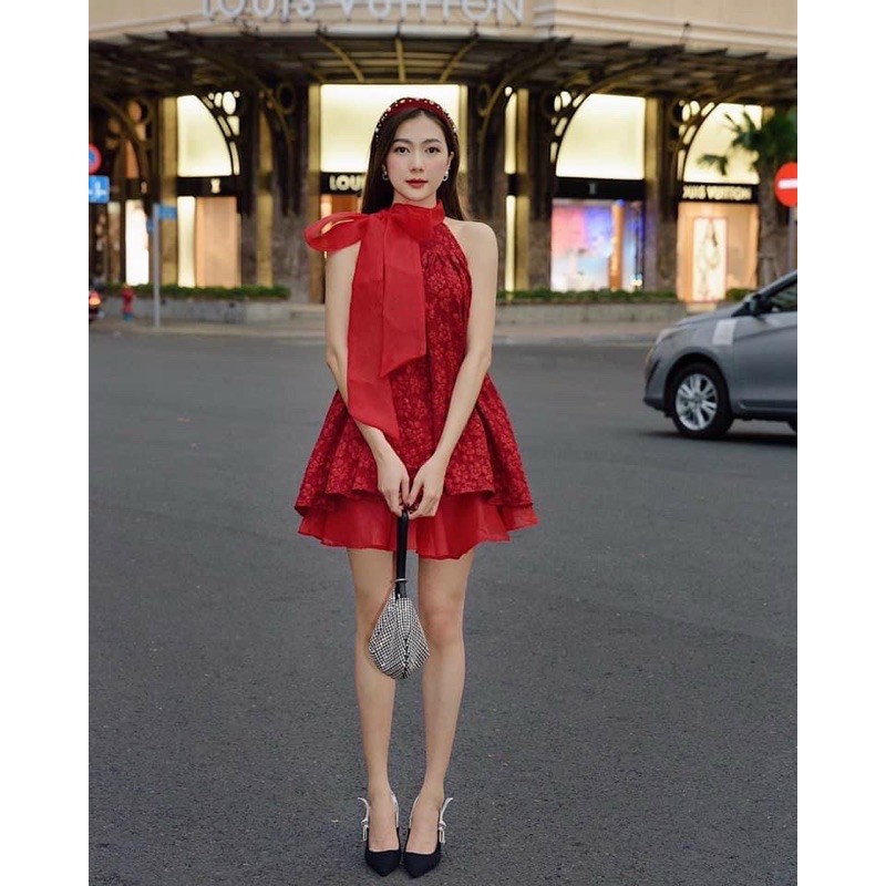 Set Đầm nữ cổ yếm vải gấm phối hoa thời trang xuân 2022 siêu xinh chất vải dày dặn mã [YEMDO]