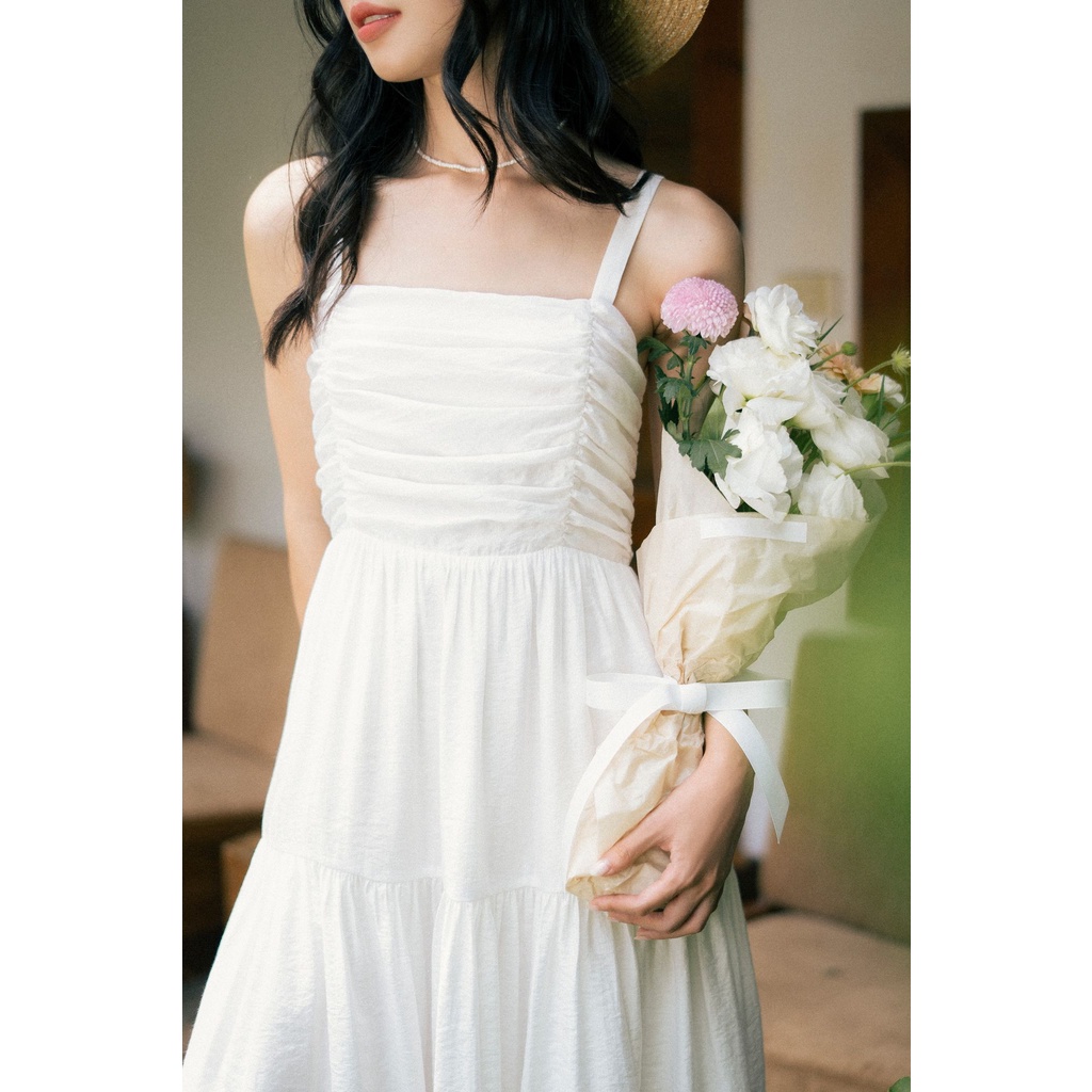 Váy 2 dây dáng dài nữ nhún ngực trắng MADELEN