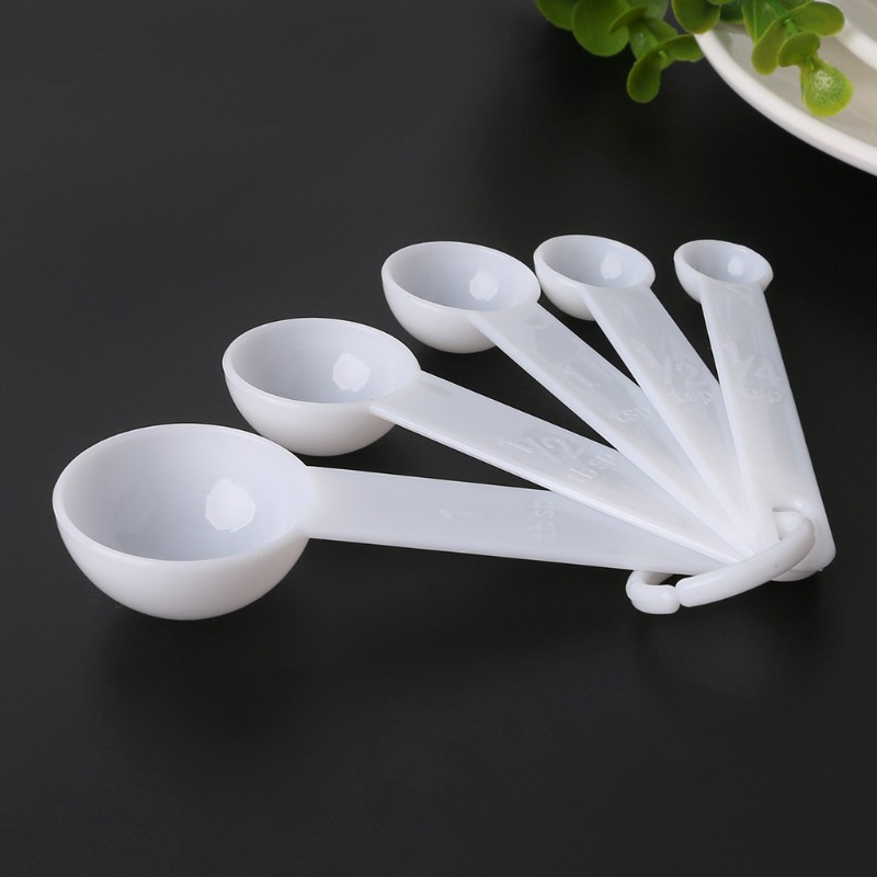 BTF 5Pcs/set Measuring Spoon White Plastic Teaspoon Tablespoon Utensil Kitchen Tool