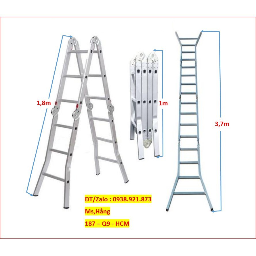 Thang nhôm gấp khúc cao chữ A 1,8m, cao chữ Y 3,7m, cao chữ M cao1m - Mã:THNGK18